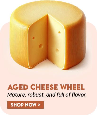 Whole aged cheese wheel with a smooth rind and rich, robust flavor, perfect for gourmet enthusiasts.